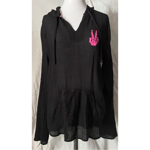 Retro, Peace Sign Skeleton, Upcycled, Hooded, Cover-Up Tunic - Picture 5 of 16